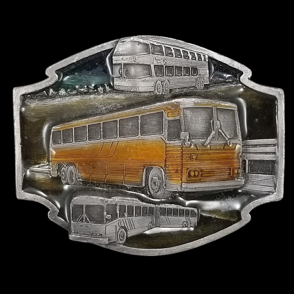 Buses Move the World Belt Buckle USA Made Transportation Collector Pewter Color